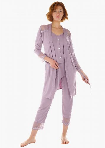 Γυναικεία ανοιξιάτικη πιτζάμα ρόμπα τόπ & παντελόνι μονόχρωμο λεπτομέρειες δαντέλας.